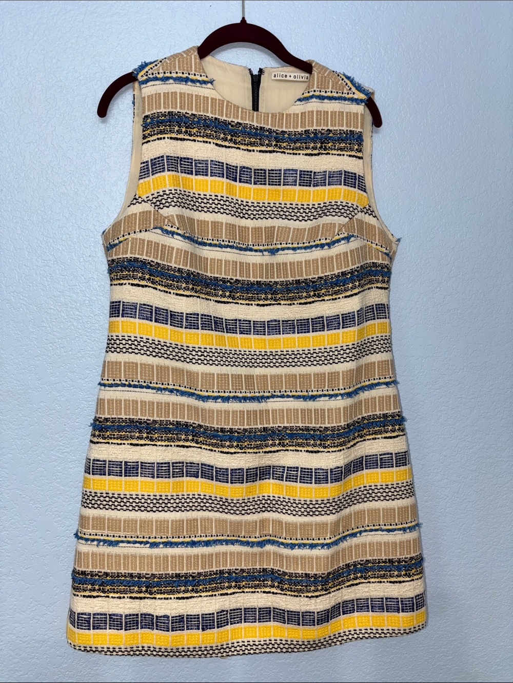 Alice + Olivia Yellow, Navy & Beige Striped Tweed Shift Dress Size 14